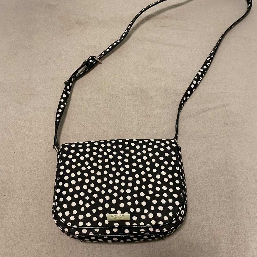 Small Kate Spade crossover bag, black with white polka dots